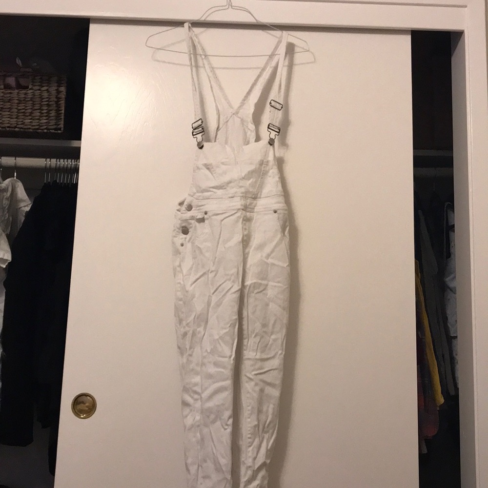 Cute white long pant overalls